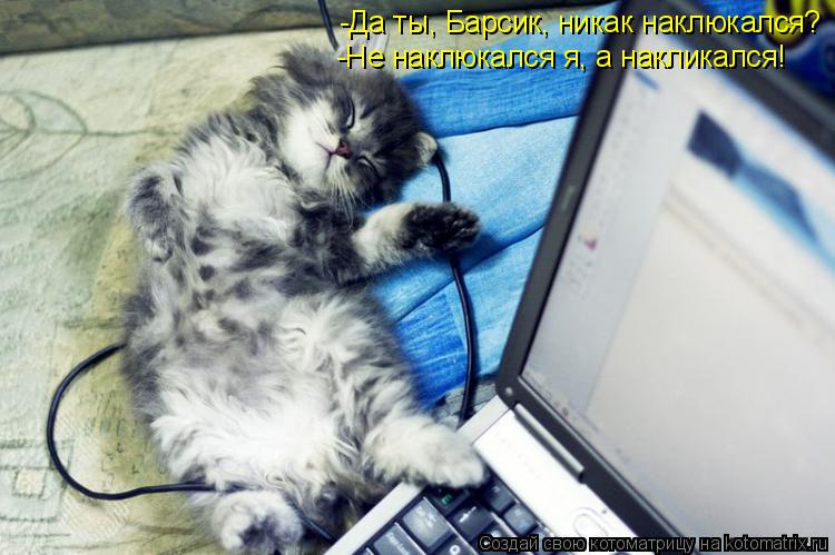 -Да ты, Барсик, никак наклюкался? -Не наклюкался я, а накликался!... Котоматрица: -Да ты, Барсик, никак наклюкался? -Не наклюкался я, а накликался!