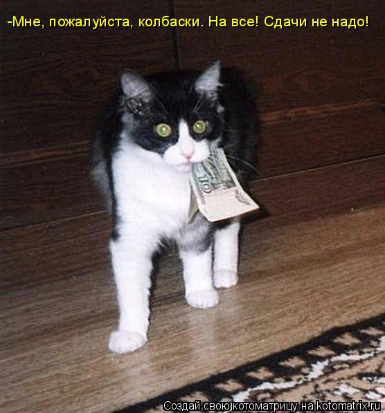 -Мне, пожалуйста, колбаски. На все! Сдачи не надо!... Котоматрица: -Мне, пожалуйста, колбаски. На все! Сдачи не надо!