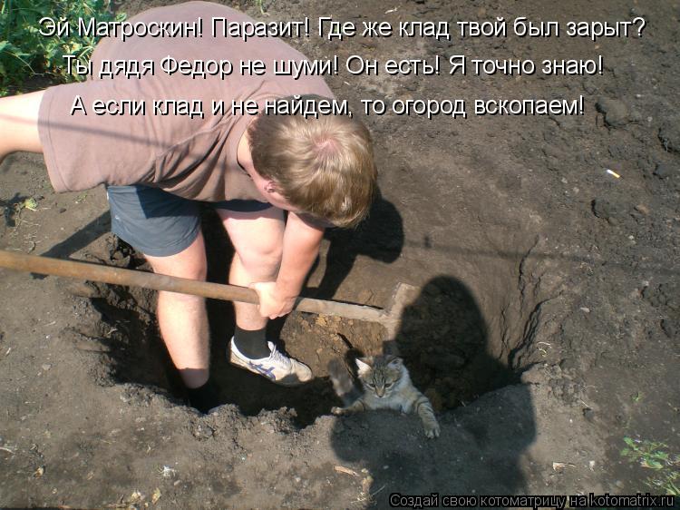Котоматрица: Эй Матроскин! Паразит! Где же клад твой был зарыт? Ты дядя Федор не шуми! Он есть! Я точно знаю! А если клад и не найдем, то огород вскопаем!
