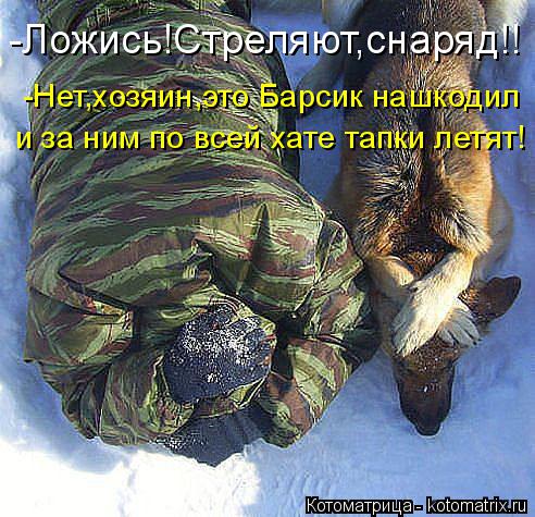 -Ложись!Стреляют,снаряд!! -Нет,хозяин,это Барсик нашкодил и за ним по всей хате тапки летят!... Котоматрица: -Ложись!Стреляют,снаряд!! -Нет,хозяин,это Барсик нашкодил и за ним по всей хате тапки летят!