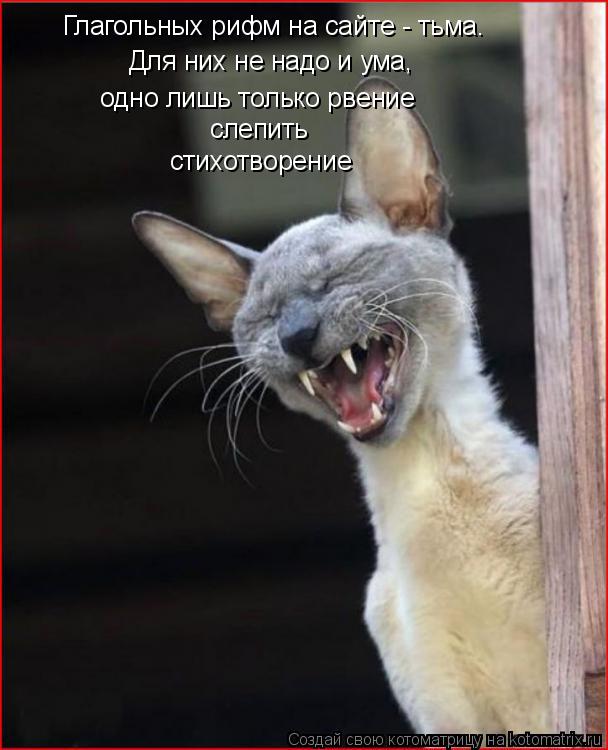 Котоматрица: Глагольных рифм на сайте - тьма. Для них не надо и ума, слепить одно лишь только рвение  стихотворение