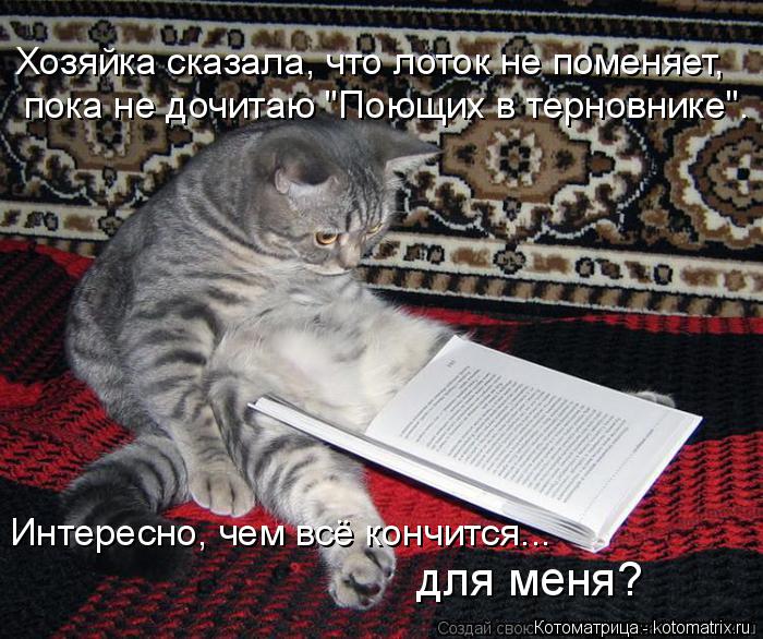 Котоматрица: Хозяйка сказала, что лоток не поменяет,  пока не дочитаю "Поющих в терновнике". Интересно, чем всё кончится... для меня?