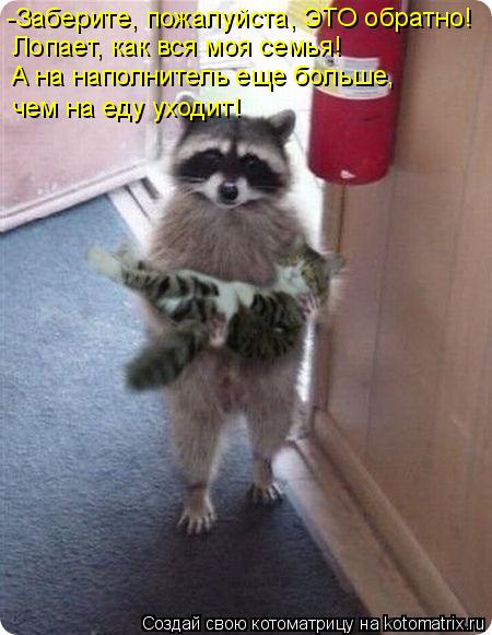 Котоматрица: -Заберите, пожалуйста, ЭТО обратно!  Лопает, как вся моя семья! А на наполнитель еще больше,  чем на еду уходит!