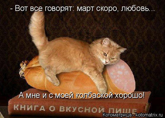 - Вот все говорят: март скоро, любовь... А мне и с моей колбаской хорошо!... Котоматрица: - Вот все говорят: март скоро, любовь... А мне и с моей колбаской хорошо!
