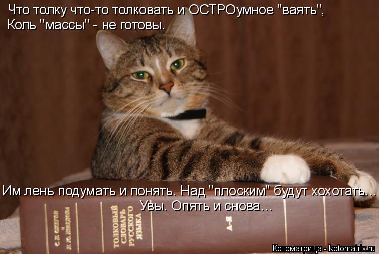 Котоматрица: Что толку что-то толковать и ОСТРОумное "ваять", Коль "массы" - не готовы. Им лень подумать и понять. Над "плоским" будут хохотать… Увы. Опять и 