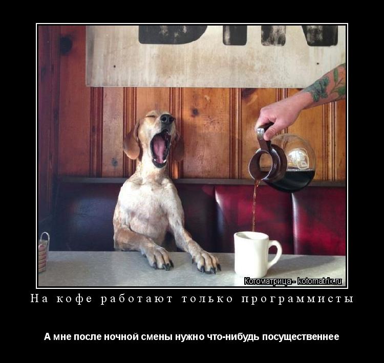 На кофе работают только программисты А мне после ночной смены нужно что-нибудь посущественнее... Котоматрица: На кофе работают только программисты А мне после ночной смены нужно что-нибудь посущественнее