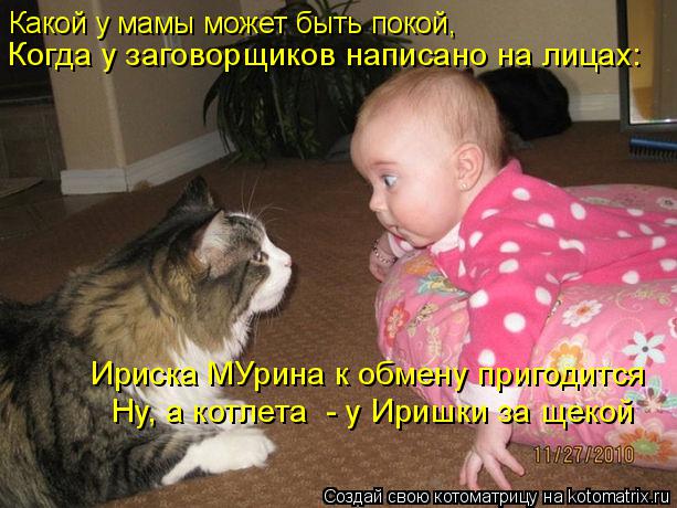 Котоматрица: Какой у мамы может быть покой, Когда у заговорщиков написано на лицах: Ириска МУрина к обмену пригодится Ну, а котлета  - у Иришки за щекой