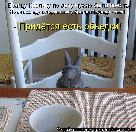 Котоматрица: Братцу Кролику по делу нужно было поесть Но он всю еду, которую взял у Братца Медведя - сьел!  - Придётся есть обьедки!