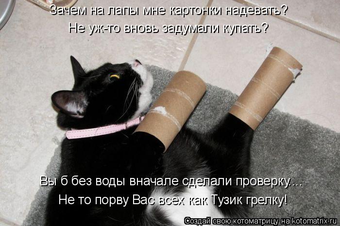 Зачем на лапы мне картонки надевать? Не уж-то вновь задумали купать? Не то порву Вас всех как Тузик г... Котоматрица: Зачем на лапы мне картонки надевать? Не уж-то вновь задумали купать? Не то порву Вас всех как Тузик грелку! Вы б без воды вначале сделали пров