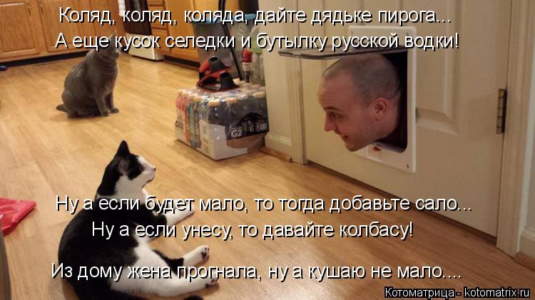 Котоматрица: А еще кусок селедки и бутылку русской водки! Ну а если будет мало, то тогда добавьте сало... Ну а если унесу, то давайте колбасу! Коляд, коляд, к