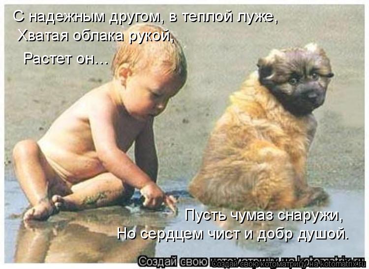 С надежным другом, в теплой луже, Хватая облака рукой, Растет он… Пусть чумаз снаружи, Но сердцем чи... Котоматрица: С надежным другом, в теплой луже, Хватая облака рукой, Растет он… Пусть чумаз снаружи, Но сердцем чист и добр душой.