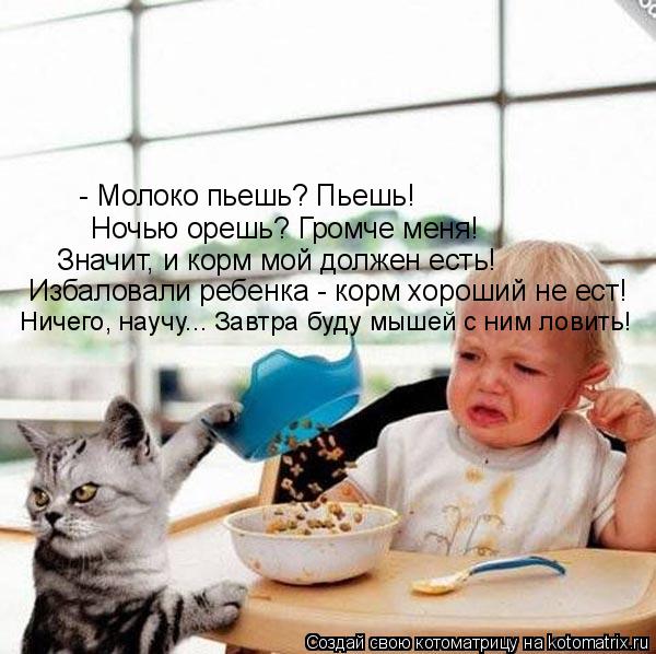 - Молоко пьешь? Пьешь! Ночью орешь? Громче меня! Значит, и корм мой должен есть! Избаловали ребенка -... Котоматрица: - Молоко пьешь? Пьешь! Ночью орешь? Громче меня! Значит, и корм мой должен есть! Избаловали ребенка - корм хороший не ест! Ничего, научу... Завтр
