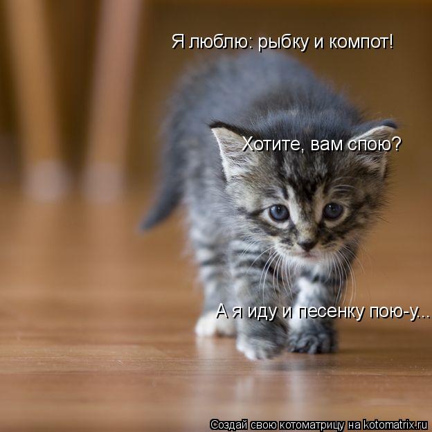 Я люблю: рыбку и компот! Хотите, вам спою? А я иду и песенку пою-у...... Котоматрица: Я люблю: рыбку и компот! Хотите, вам спою? А я иду и песенку пою-у...