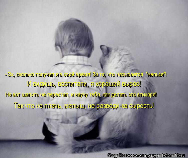 И видишь, воспитали, я хороший вырос! Так что не плачь, малыш, не разводи-ка сырость! Но вот шалить н... Котоматрица: И видишь, воспитали, я хороший вырос! Так что не плачь, малыш, не разводи-ка сырость! Но вот шалить не перестал, и научу тебя, как делать это вт
