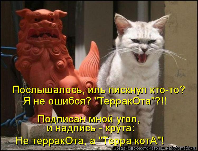 Послышалось, иль пискнул кто-то? Я не ошибся? "ТерракОта"?!! Подписан мной угол, и надпись - крута: ... Котоматрица: Послышалось, иль пискнул кто-то? Я не ошибся? "ТерракОта"?!! Подписан мной угол, и надпись - крута: Не терракОта, а "Терра котА"!