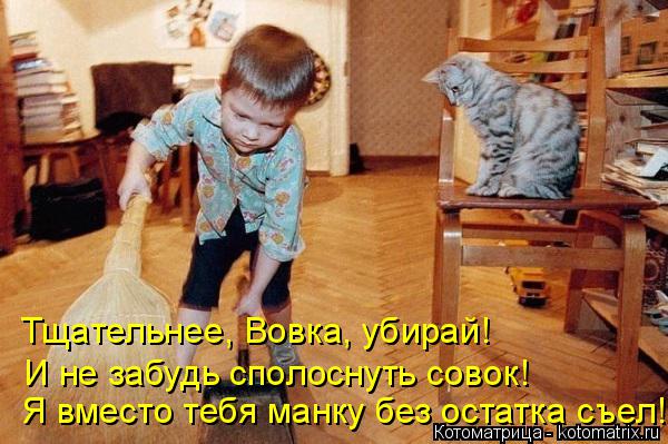 Тщательнее, Вовка, убирай! И не забудь сполоснуть совок! Я вместо тебя манку без остатка съел!... Котоматрица: Тщательнее, Вовка, убирай! И не забудь сполоснуть совок! Я вместо тебя манку без остатка съел!