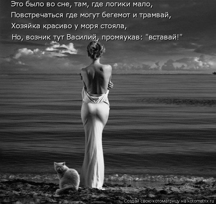 Это было во сне, там, где логики мало, Повстречаться где могут бегемот и трамвай, Хозяйка красиво у м... Котоматрица: Это было во сне, там, где логики мало, Повстречаться где могут бегемот и трамвай, Хозяйка красиво у моря стояла, Но, возник тут Василий, промя