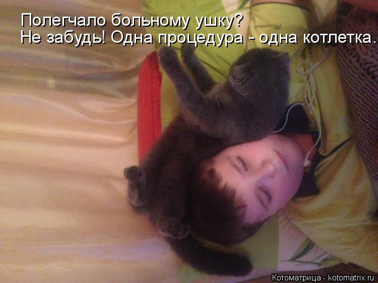 Котоматрица: Полегчало больному ушку? Не забудь! Одна процедура - одна котлетка.