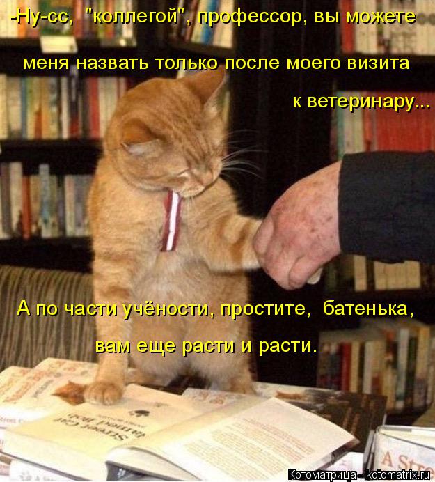 -Ну-сс, "коллегой", профессор, вы можете А по части учёности, простите, батенька, меня назвать то... Котоматрица: -Ну-сс, "коллегой", профессор, вы можете А по части учёности, простите, батенька, меня назвать только после моего визита к ветеринару... вам е