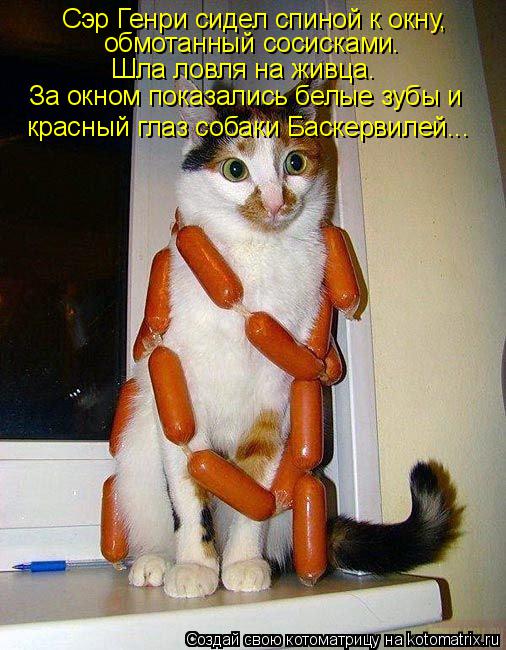 Котоматрица: Сэр Генри сидел спиной к окну,  обмотанный сосисками.  Шла ловля на живца. За окном показались белые зубы и  красный глаз собаки Баскервилей..