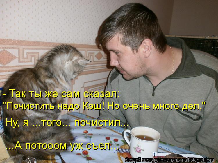 Котоматрица: - Так ты же сам сказал: "Почистить надо Кэш! Но очень много дел."  Ну, я ...того... почистил... ...А потооом уж съел...