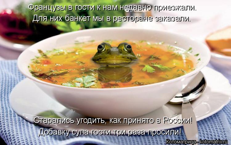 Французы в гости к нам недавно приезжали. Для них банкет мы в ресторане заказали. Старались угодить, ... Котоматрица: Французы в гости к нам недавно приезжали. Для них банкет мы в ресторане заказали. Старались угодить, как принято в России! Добавку супа гост
