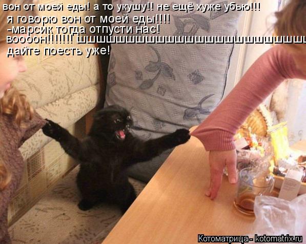 вон от моей еды! а то укушу!! не ещё хуже убью!!! я говорю вон от моей еды!!!! -марсик тогда отпусти ... Котоматрица: вон от моей еды! а то укушу!! не ещё хуже убью!!! я говорю вон от моей еды!!!! -марсик тогда отпусти нас! воооон!!!!!!! шшшшшшшшшшшшшшшшшшшшшшшшшшшш