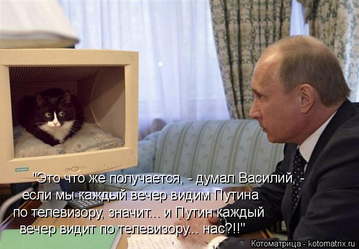 Котоматрица: "Это что же получается, - думал Василий, - если мы каждый вечер видим Путина по телевизору, значит... и Путин каждый вечер видит по телевизору...