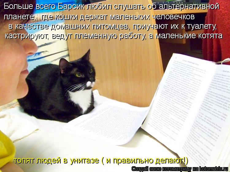 Котоматрица: Больше всего Барсик любил слушать об альтернативной  планете,  где кошки держат маленьких человечков   в качестве домашних питомцев, приуча