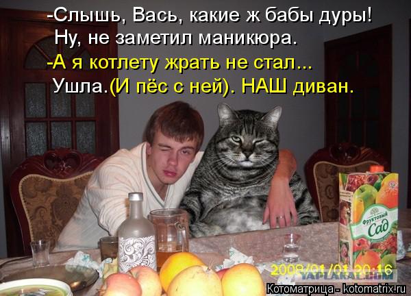 Котоматрица: -Слышь, Вась, какие ж бабы дуры! Ну, не заметил маникюра. Ушла. (И пёс с ней). НАШ диван. -А я котлету жрать не стал...