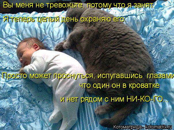 Котоматрица: Вы меня не тревожьте, потому что я занят. Я теперь целый день охраняю его.  что один он в кроватке и нет рядом с ним НИ-КО-ГО... Просто может про