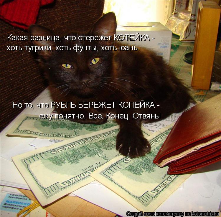 Котоматрица: Какая разница, что стережет КОТЕЙКА -  хоть тугрики, хоть фунты, хоть юань. Но то, что РУБЛЬ БЕРЕЖЕТ КОПЕЙКА -  ежу понятно. Все. Конец. Отвянь!
