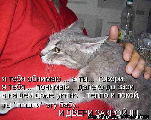 Котоматрица: я тебя обнимаю.... а ты.... говори, я тебя ... понимаю... далеко до зари, в нашем доме уютно... тепло и покой, ты "пошли" эту бабу..  И ДВЕРИ ЗАКРОЙ !!!!