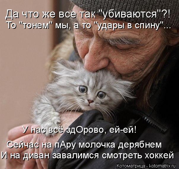 Котоматрица: Да что же все так "убиваются"?! То "тонем" мы, а то "удары в спину"... У нас всё здОрово, ей-ей! Сейчас на пАру молочка дерябнем И на диван завалимс