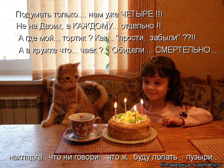 Котоматрица: Подумать только.... нам уже ЧЕТЫРЕ !!! Не на Двоих, а КАЖДОМУ... отдельно !! А в кружке что... чаёк ?... Обидели.... СМЕРТЕЛЬНО.... А где мой... тортик ? Ка