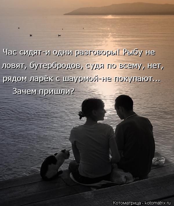 Час сидят-и одни разговоры! Рыбу не ловят, бутербродов, судя по всему, нет, рядом ларёк с шаурмой-не ... Котоматрица: Час сидят-и одни разговоры! Рыбу не ловят, бутербродов, судя по всему, нет, рядом ларёк с шаурмой-не покупают... Зачем пришли?