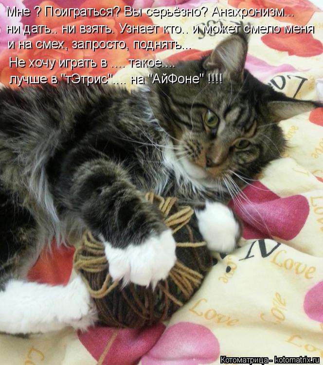 Котоматрица: Мне ? Поиграться? Вы серьёзно? Анахронизм... ни дать.. ни взять. Узнает кто.. и может смело меня и на смех, запросто, поднять... Не хочу играть в ....