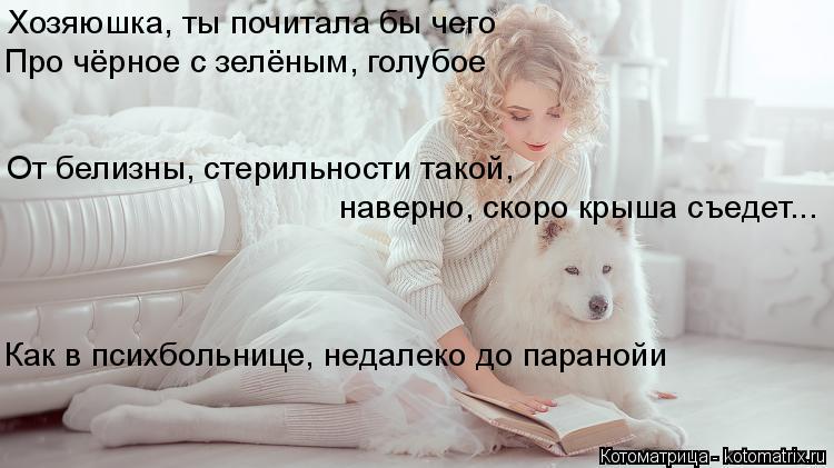 Котоматрица: Хозяюшка, ты почитала бы чего Про чёрное с зелёным, голубое От белизны, стерильности такой, наверно, скоро крыша съедет...  Как в психбольнице