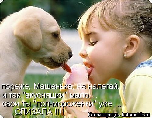 Котоматрица: пореже, Машенька, не налегай... и так "вкусняшки" мало.... свои ты "пол-мороженки" уже ... СЛИЗАЛА !!!!