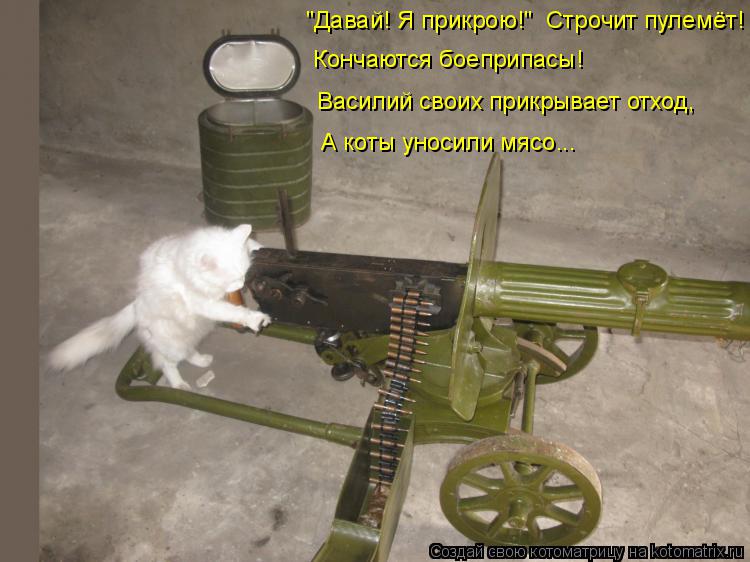Котоматрица: "Давай! Я прикрою!"  Строчит пулемёт! Кончаются боеприпасы! Василий своих прикрывает отход, А коты уносили мясо...