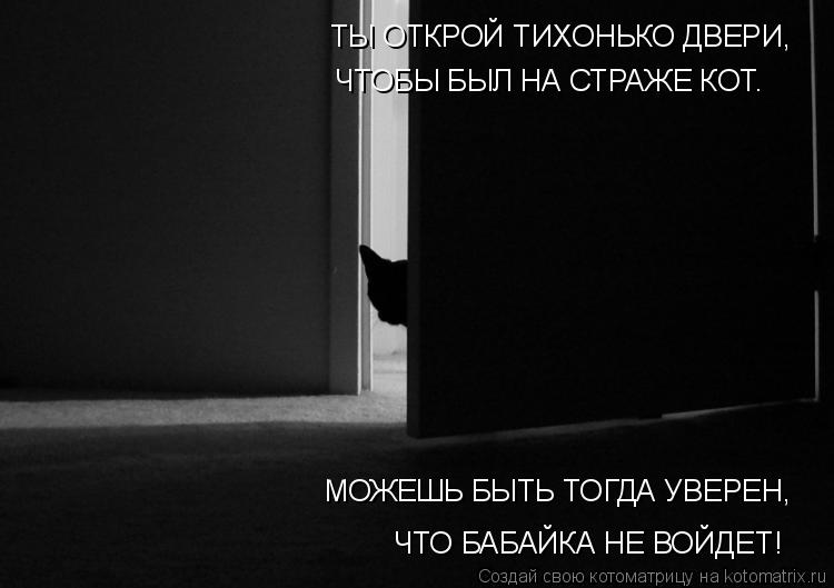 Котоматрица: ТЫ ОТКРОЙ ТИХОНЬКО ДВЕРИ,  ЧТОБЫ БЫЛ НА СТРАЖЕ КОТ. МОЖЕШЬ БЫТЬ ТОГДА УВЕРЕН,  ЧТО БАБАЙКА НЕ ВОЙДЕТ!