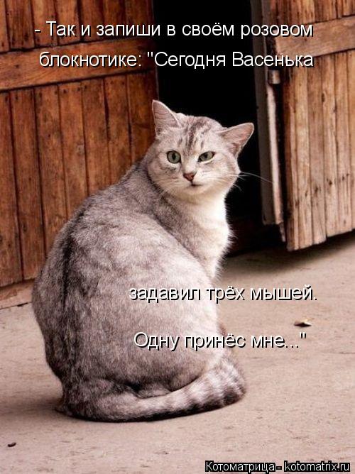 - Так и запиши в своём розовом блокнотике: "Сегодня Васенька задавил трёх мышей. Одну принёс мне..."... Котоматрица: - Так и запиши в своём розовом блокнотике: "Сегодня Васенька задавил трёх мышей. Одну принёс мне..."