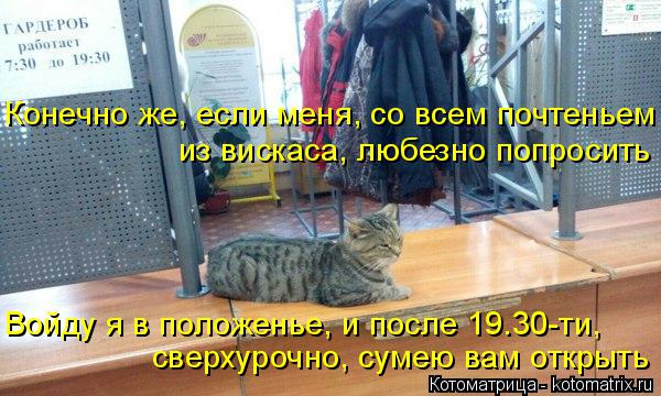 Конечно же, если меня, со всем почтеньем из вискаса, любезно попросить Войду я в положенье, и после 1... Котоматрица: Конечно же, если меня, со всем почтеньем из вискаса, любезно попросить Войду я в положенье, и после 19.30-ти, сверхурочно, сумею вам открыть