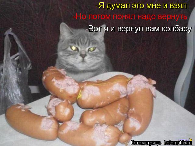 -Но потом понял надо вернуть -Я думал это мне и взял -Вот я и вернул вам колбасу... Котоматрица: -Но потом понял надо вернуть -Я думал это мне и взял -Вот я и вернул вам колбасу