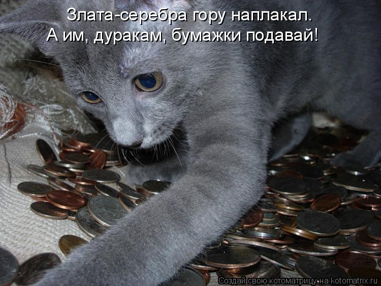 Котоматрица: Злата-серебра гору наплакал. А им, дуракам, бумажки подавай!