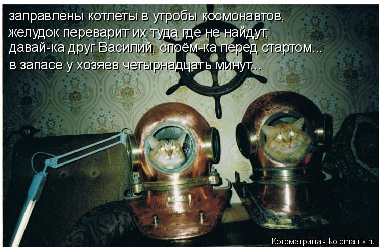 Котоматрица: заправлены котлеты в утробы космонавтов, давай-ка друг Василий, споём-ка перед стартом... в запасе у хозяев четырнадцать минут... желудок пер