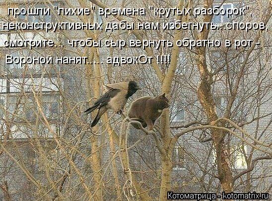 Котоматрица: прошли "лихие" времена "крутых разборок", неконструктивных дабы нам избегнуть...споров, смотрите... чтобы сыр вернуть обратно в рот -  Вороной 
