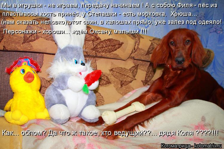 Котоматрица: Мы в игрушки - не играем, передачу начинаем ! А с собою Филя - пёс из пластмассы кость принёс, у Степашки - есть морковка,  Хрюша... (нам сказать н