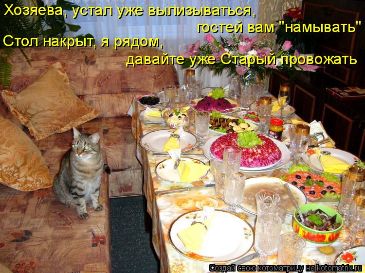 Котоматрица: Хозяева, устал уже вылизываться, гостей вам "намывать" Стол накрыт, я рядом, давайте уже Старый провожать
