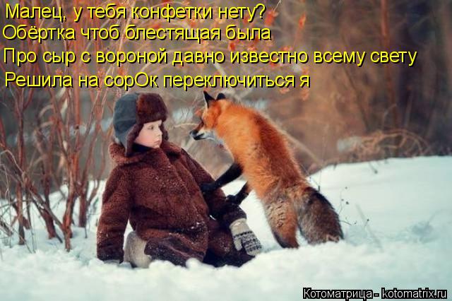 Котоматрица: Малец, у тебя конфетки нету? Обёртка чтоб блестящая была Про сыр с вороной давно известно всему свету Решила на сорОк переключиться я